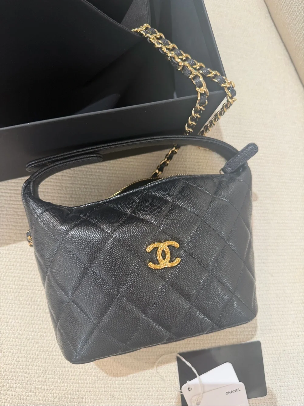 CHANEL Black Quilted Leather Shoulder Bag with Gold CC Hardware
